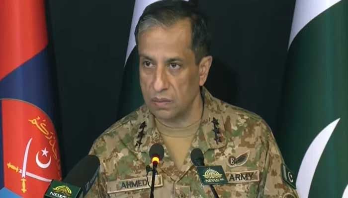DG ISPR Lieutenant General Ahmed Sharif Chaudhry addresses a press conference at General Headquarters, Rawalpindi, April 29, 2025. — Screengrab via YouTube/Geo News