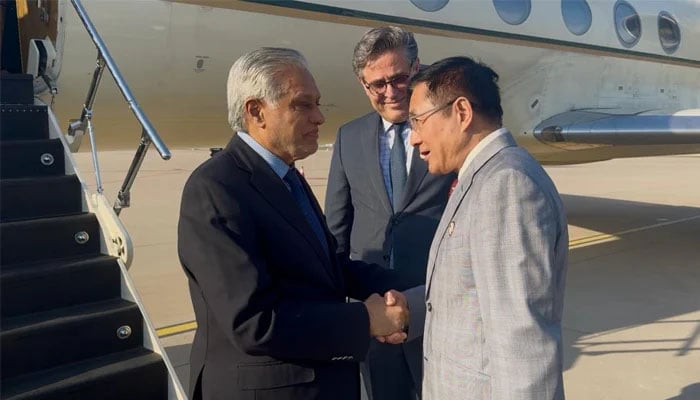 DPM Ishaq Dar is greeted by a Chinese official in Beijing upon his arrival on May 19, 2025. — X@ForeignOfficePK