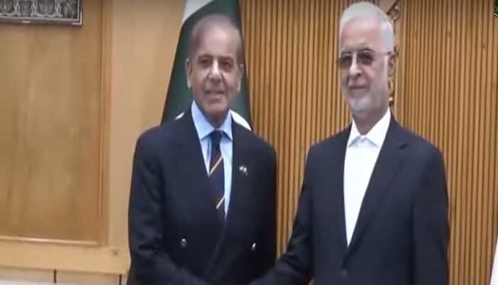Iranian Interior Minister receives Prime Minister Shehbaz Sharif at Tehran Airport, Iran, May 26, 2025. — Screengrab via YouTube/Geo News