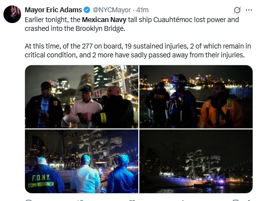 Mexican Navy training ship hits New Yorks Brooklyn Bridge