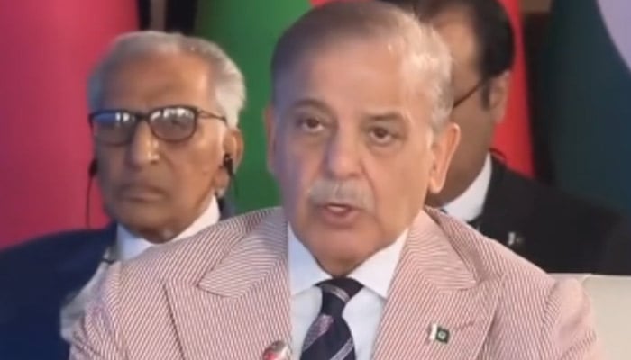Prime Minister Shehbaz Sharif addresses Pakistan-Turkiye-Azerbaijan Trilateral Summit in Baku, Azerbaijan, May 28, 2025. — Screengrab via YouTube/Geo News