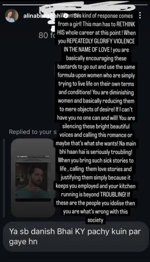 Alina Abbas Shah slams Danish Taimoor for showing “violence in the name of romance”